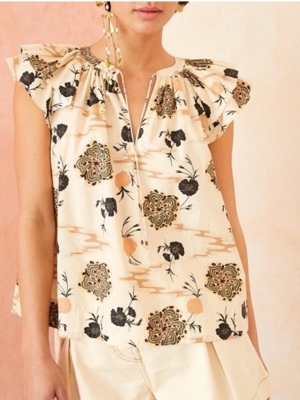 Ulla Johnson ruffle sleeve floral Elia top blouse cotton tan black size 04 small